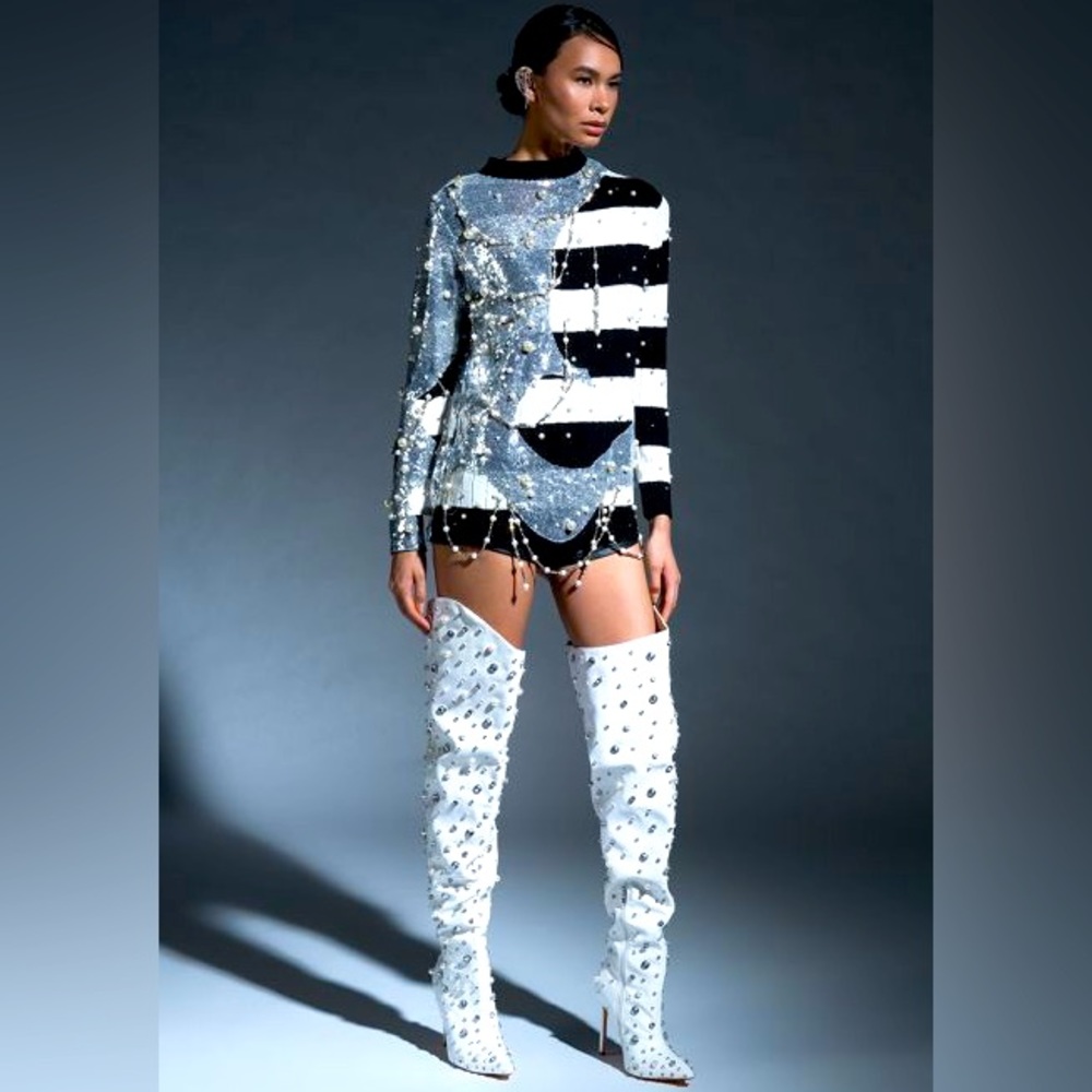 AZALEA WANG White Vegan Leather Embellished Over The Knee Boots